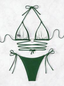 SHEIN Swim 夏季沙灘心型扣環連接交叉綁帶設計後背頸式嘉年華女士比基尼套裝 - 墨綠色 - 查看 7