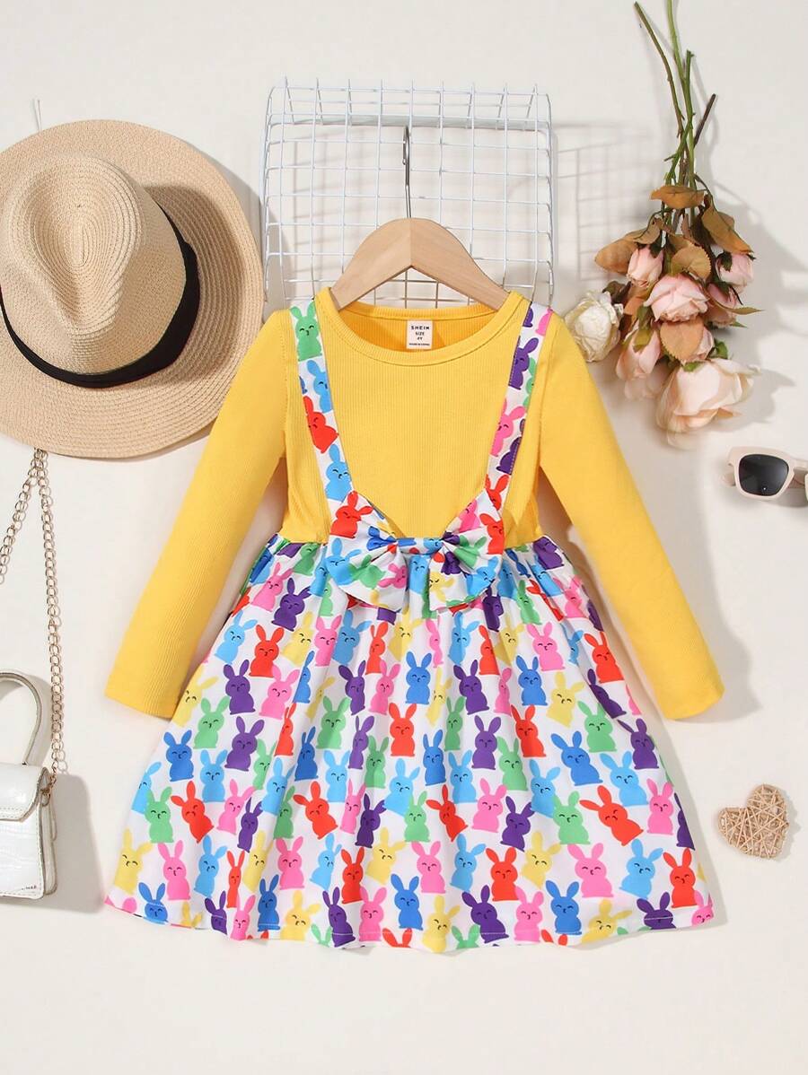 SHEIN Girls' Easter Colorful Rabbit Printed Casual Dress - Multicolor - View 1