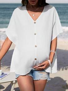 SHEIN 孕婦純色v領蝙蝠袖上衣 - 白色 - 查看 6