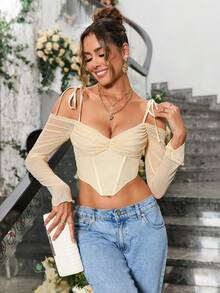 PARTHEA Cold Shoulder Ruched Asymmetrical Hem Mesh Corset Top - Apricot - View 6