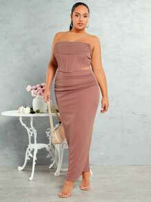 SHEIN BAE Plus Size Women's Metallic Mesh Cowl Collar Off-Shoulder Sleeveless Pink Bustier Crop Top And Long Skirt Set, For Summer - Dusty Pink - View 4