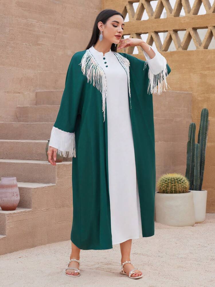 Women's Fringed Arabian Abaya With Patchwork Design