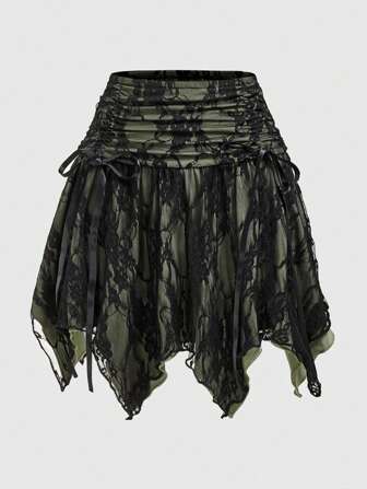 Fairycore Women's Patchwork Lace Asymmetric Hem Skirt