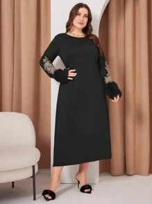 Al Najma Plus Size Round Neck Lantern Sleeve Dress - Black - View 5