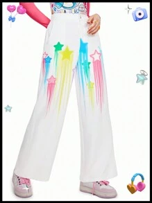 SHEINNeu Pantaloni cu imprimeu cu stele colorate cu dopamină Pantaloni de rochie Vacanța de primăvară Rochii pentru femei de petrecere Concert de vară Pantaloni de vară pentru femei Haine de vară - alb - Vizualizare 1