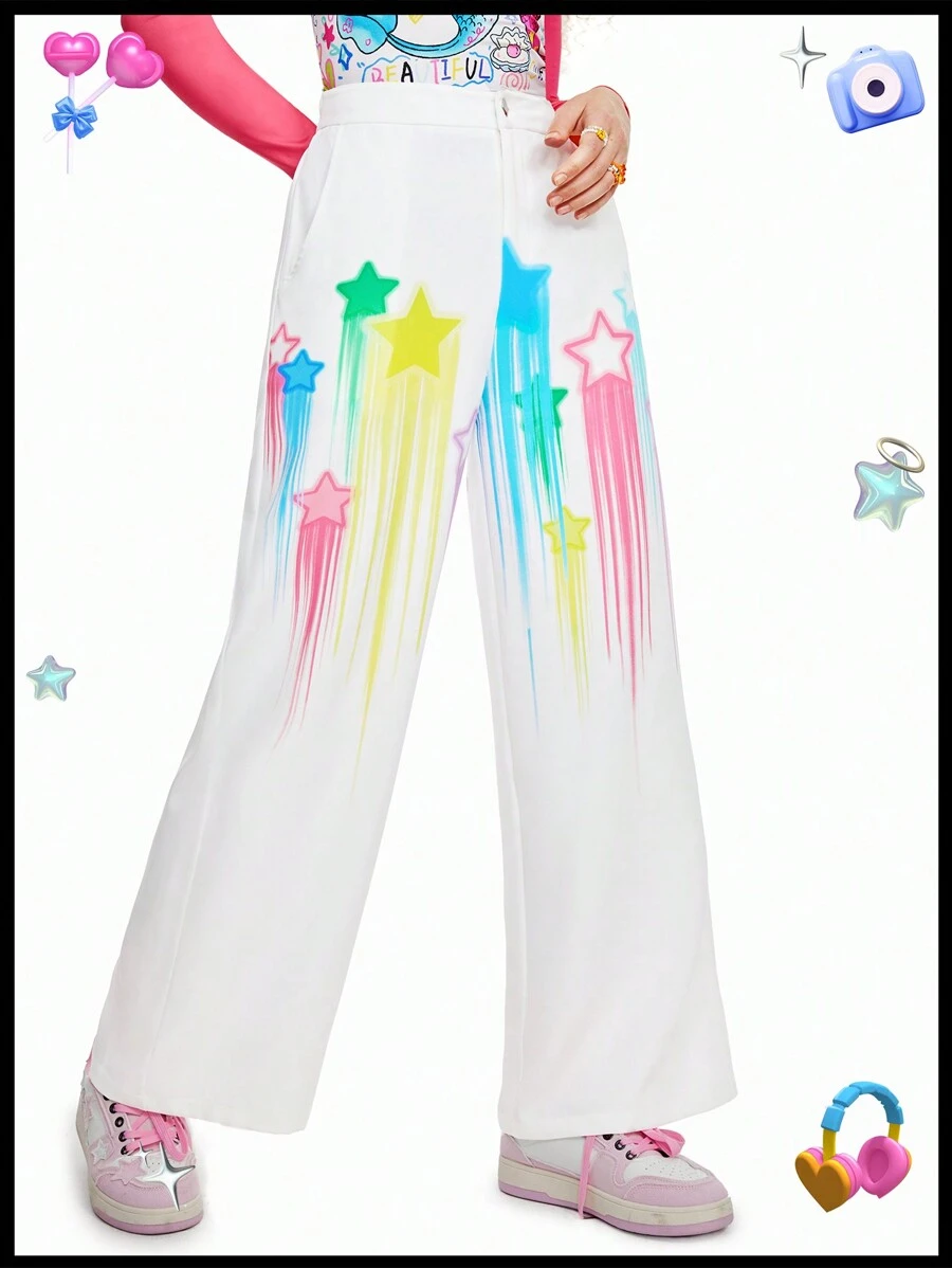SHEINNeu 多巴胺色彩星星印花褲,連身褲,購物狂歡節、春假聚會、音樂會時尚女裝,夏季女性褲裝和夏季服裝 - 白色 - 查看 1