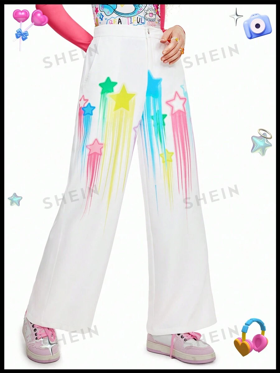SHEINNeu Pantaloni cu imprimeu cu stele colorate cu dopamină Pantaloni de rochie Vacanța de primăvară Rochii pentru femei de petrecere Concert de vară Pantaloni de vară pentru femei Haine de vară - alb - Vizualizare 1
