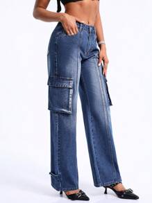 SHEIN BAE Women's Fashionable Cargo Denim Pants With Exposed Stitching And Pockets - Blue - View 5