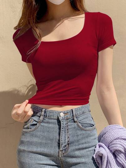 DAZY 女式纯色短袖T恤夏季，女式短款上衣