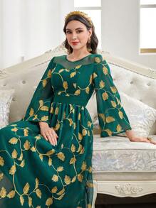 Modelyn Women's Floral Leaves Embroidery Trumpet Sleeve Dress Long Evening Dresses Fall Cloth For Women - Green - View 3