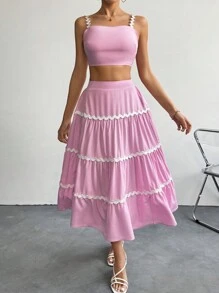 Chiquease Women's Contrast Trim Cami Top And Skirt Set - Baby Pink - View 4