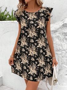 SHEIN LUNE Ladies' Floral Print Cap Sleeve A-Line Dress