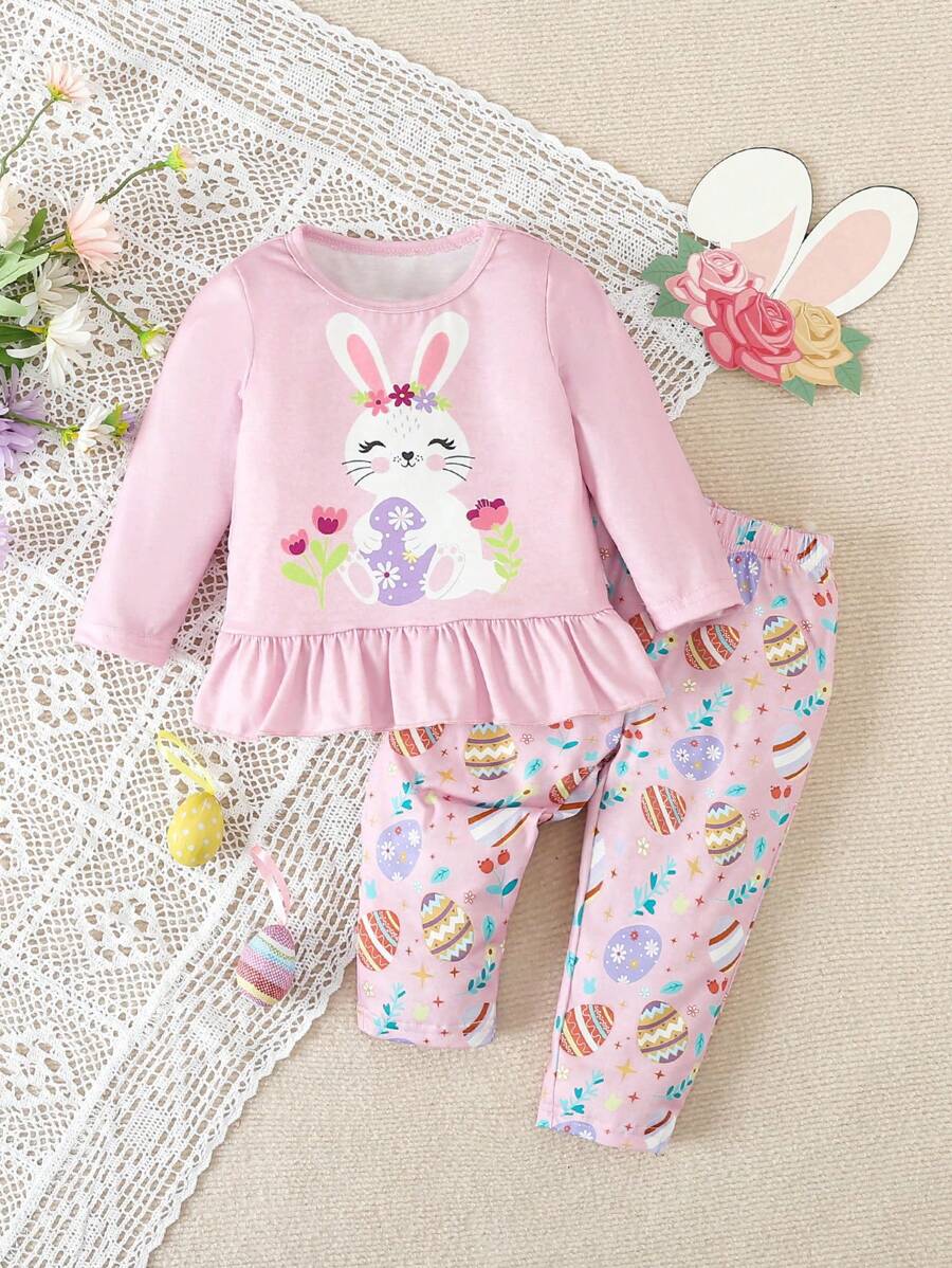 女婴粉色可爱兔子和复活节彩蛋印花宽松长袖T恤和长裤两件套睡衣套装 - 粉色 - 查看 1