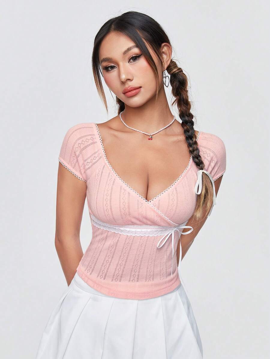 SHEIN MOD Camiseta De Encaje Con Color Contrastante Para Mujer Y Agujetas - Rosa - Ver 1