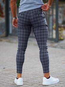 Men Grid Print Slant Pocket Skinny Trousers - Navy Blue - View 2