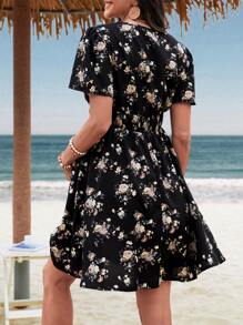 SHEIN Maternity Floral Print Shirred Waist Dress - Black - View 2