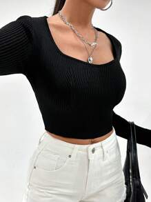 EURMUSE Sweetheart Neck Ribbed Knit Crop Jumper - Black - View 3