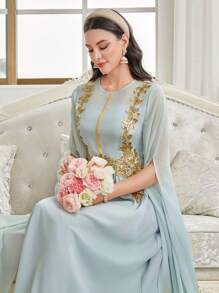 Al Najma Women's Long Sleeve Arabic Style Dress With Flower Decoration And Front Split - Mint Green - View 8