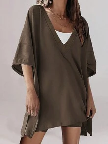 Conjunto Coordinado De Camisa Y Shorts Para Descansar Con Cuello En V - Marrón - Ver 4