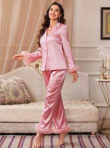 SHEIN Women's Satin Splicing Pajama Set, Fall Winter Clothes Cozy And Elegant Details - Pink - View 3