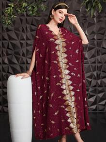 Al Najma Burgundy Red Women's Cape-Style Turkish Long Shirt With Feather Print & Gold Foiling