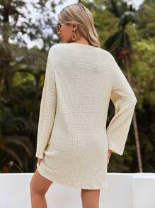 SHEIN Cottnline Women's Pure Color Textured Bell Sleeves Dress - Beige - View 2