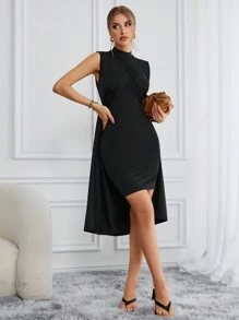 SHEIN Essnce Ladies Casual & Commute Style Double Layered Front With Side Slit Dress - Black - View 1