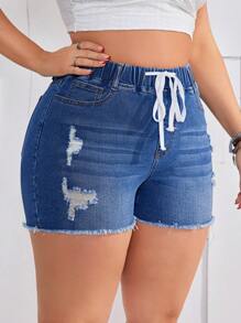 SHEIN EZwear Plus Size Women's Drawstring Frayed Denim Shorts - Medium Wash - View 3