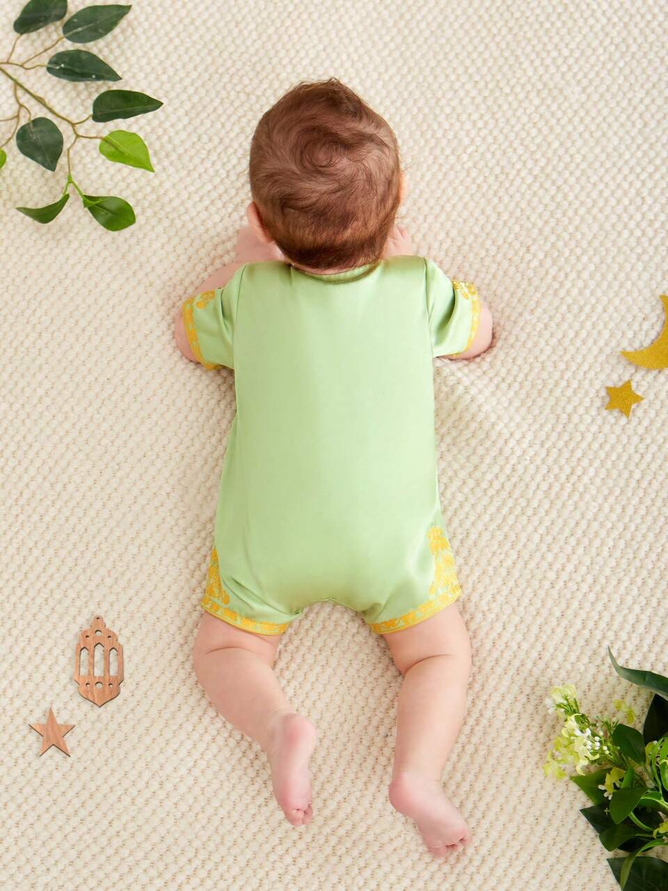 Newborn Baby Boy Imitation Foil Print Pattern Round Neck Short Sleeve Romper