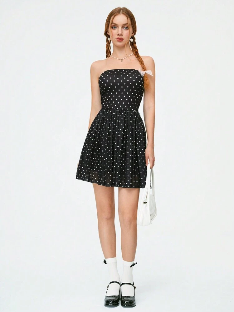 Polka Dot Strapless Casual Short Dress