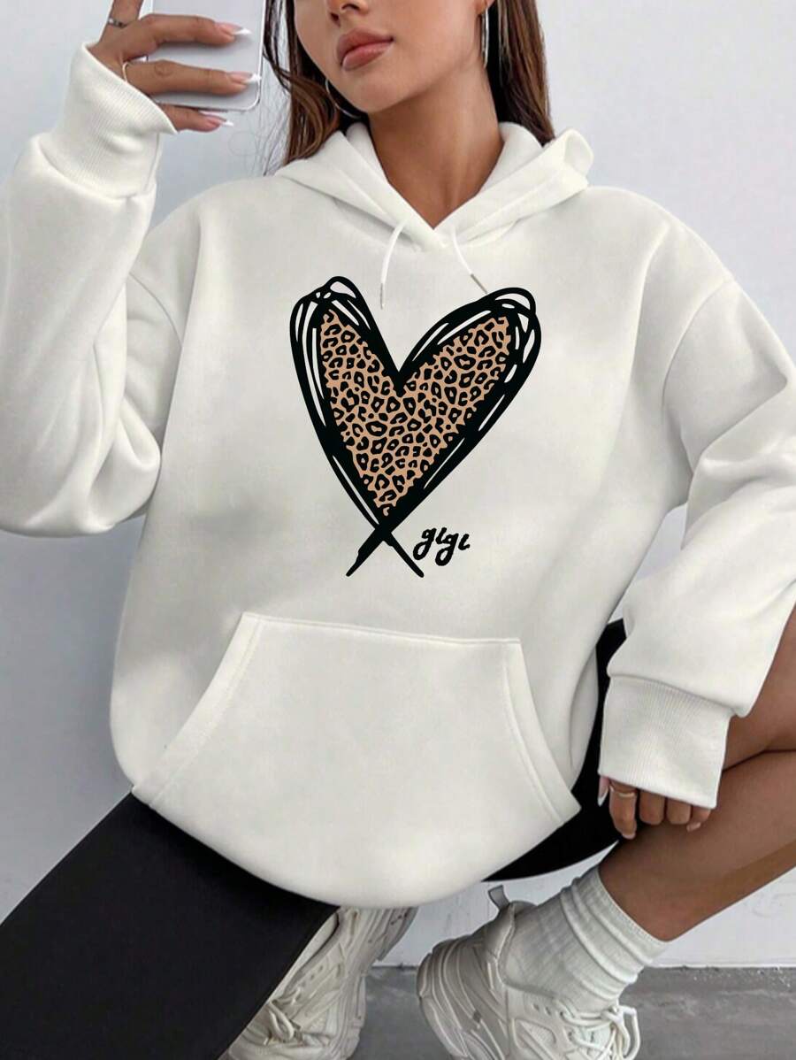 SHEIN EZwear 女士豹紋和心形印花帽衫 - 白色 - 查看 1