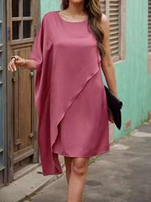 SHEIN Clasi Ladies' Solid Color Wrap Around Asymmetrical Hem Dress