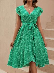 SHEIN VCAY Của phụ nữ In Váy quấn Với thắt lưng - màu xanh lá - Xem 4