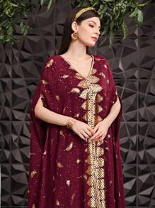 Al Najma Burgundy Red Women's Cape-Style Turkish Long Shirt With Feather Print & Gold Foiling