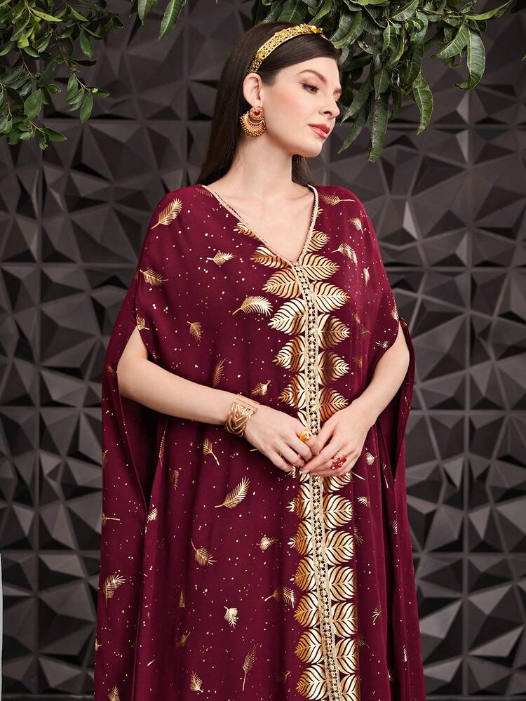 Burgundy Red Women's Cape-Style Turkish Long Shirt With Feather Print & Gold Foiling Kaftan Jalabiya Dress