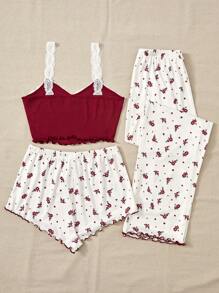CottageSlumber Women's Lace Trimmed Cami Top & Floral Print Shorts/Pants Pajama Set - Hot Pink - View 2