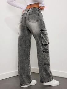 SHEIN ICON Ladies' Multi Pocket Straight Leg Jeans - Grey - View 6