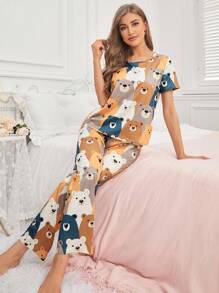 Women's Cute Bear Patterned Casual Pajama Set