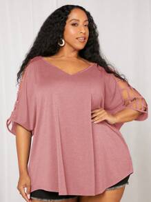 SHEIN CURVE+ Kích thước lớn Của phụ nữ Lỏng lẻo phù hợp Xu hướng: Cắt giảm Nửa tay Áo thun - Bụi hồng - Xem 1