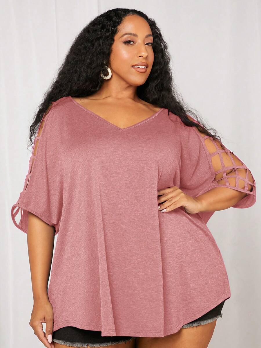 SHEIN CURVE+ Kích thước lớn Của phụ nữ Lỏng lẻo phù hợp Xu hướng: Cắt giảm Nửa tay Áo thun - Bụi hồng - Xem 1