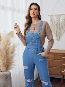 SHEIN LUNE 1pc Solid Color Ripped Denim Overalls Jumpsuit - Light Wash - View 5