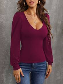 SHEIN Clasi Lantern Sleeve Plunge Neck Tee - Burgundy - View 5