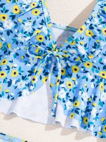 SHEIN Swim Women's Ditsy Floral Ruffled Bikini Set Summer Beach - Blue - View 8