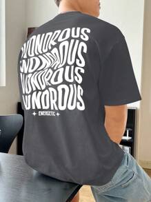 Manfinity RebelGame Loose Men's Letter Printed Stretchy Knit T-Shirt - Dark Grey - View 5