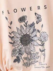 SHEIN Cô gái Tween Hoa & Lá thư In Giải trí Ngắn tay Áo thun - Màu be - Xem 5