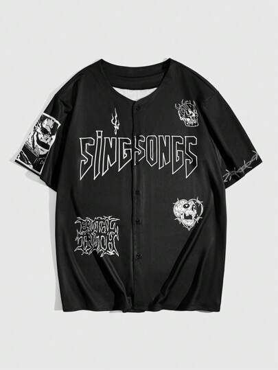 Grunge Punk Chemise À Manches Courtes Pour Hommes Avec Lettres Et Imprimé De Personnage De Dessin Animé