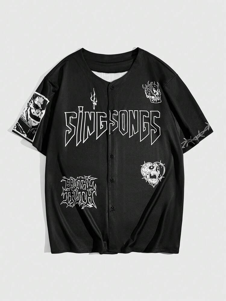 Men's Short Sleeve Shirt With Letter And Cartoon Character Print