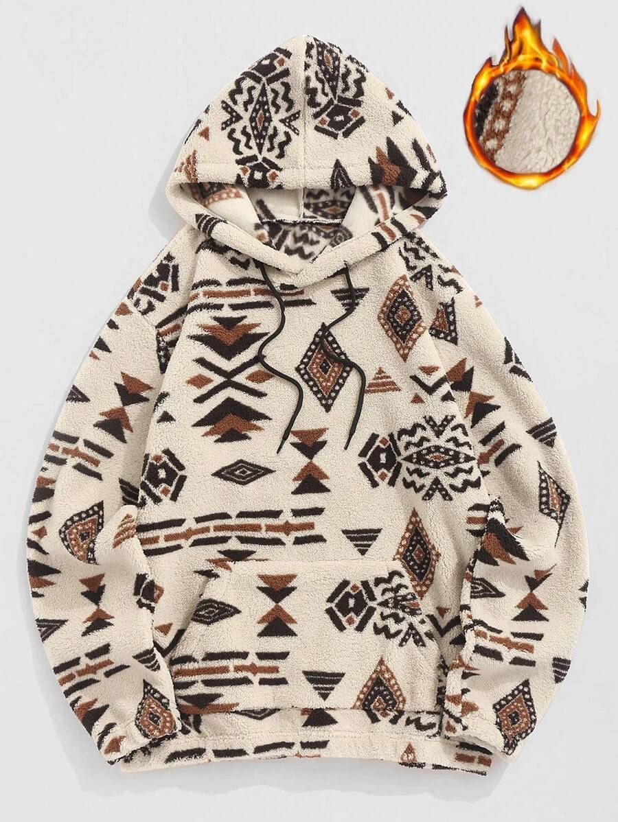 Chillumni 宽松男士连帽运动衫，几何印花，袋鼠口袋和抽绳，长袖，外出，连帽衫，图案，牛仔西部连帽衫男士冬季连帽衫 - 杏色 - 查看 1