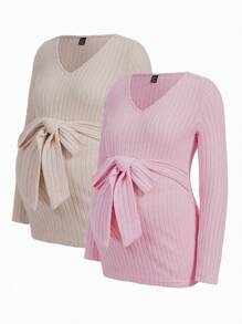 SHEIN Maternity Solid Ribbed Knit Belted T-Shirt - Multicolor - View 4