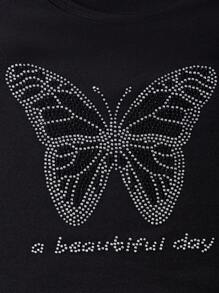 SHEIN Explorewe Tween 女孩蝴蝶水鑽裝飾背心 - 黑色 - 查看 3